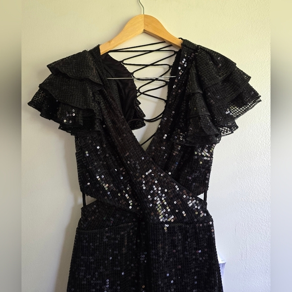 Mac Duggal, Sequined Ruffled Cut-out Lace-up Gown, Black, Size 8‎ - NWOT. - Picture 11 of 13